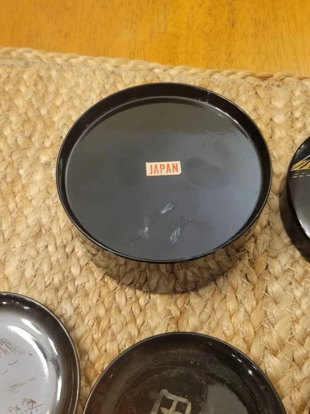 Vintage set of Japanese Black Lacquerware Coasters Featuring Mt. Fuji